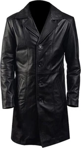 Mens Genuine Black Leather Long Trench Coat - Picture 1 of 4