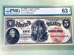 1880 $5 Legal Tender Woodchopper - PMG 63 EPQ Choice Uncirculated - Fr. 73 - Picture 1 of 2