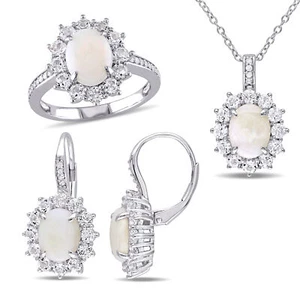 Amour Sterling Silver Opal White Topaz and 1/6CT TDW Diamond Halo Jewelry Set - Picture 1 of 5