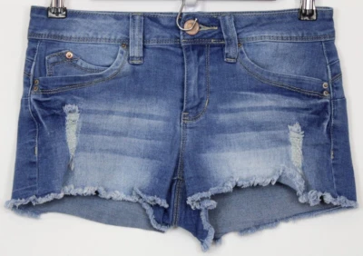 Pantalones cortos para mujer YMI talla 3 con cremallera dobladillo deshilachado desgastado elástico azul Foto 1 de 4