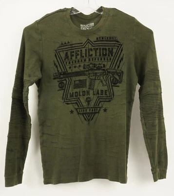 Camiseta verde manga larga grande con logotipo de rifle 3D Affliction Freedom Defender para hombre Foto 1 de 4