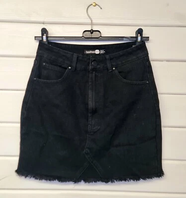 Boohoo Blue High Rise Frayed Hem Denim Skirt Size Uk 8 Black  - Image 1 of 4