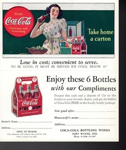 Coca-Cola "Take Home A Carton" 1930's Post Card - Coupon Fort Wayne, IND. - Picture 1 of 2