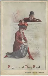 Postal publicitaria de banco nocturno y diurno de 1912 de J Herman mujer mostrando pierna a hombre - Imagen 1 de 2