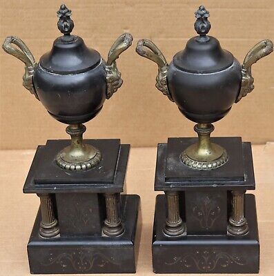 Old Pair Of Slate & Gilt Metal Garnitures With Maskhead Decoration To Restore • 21£