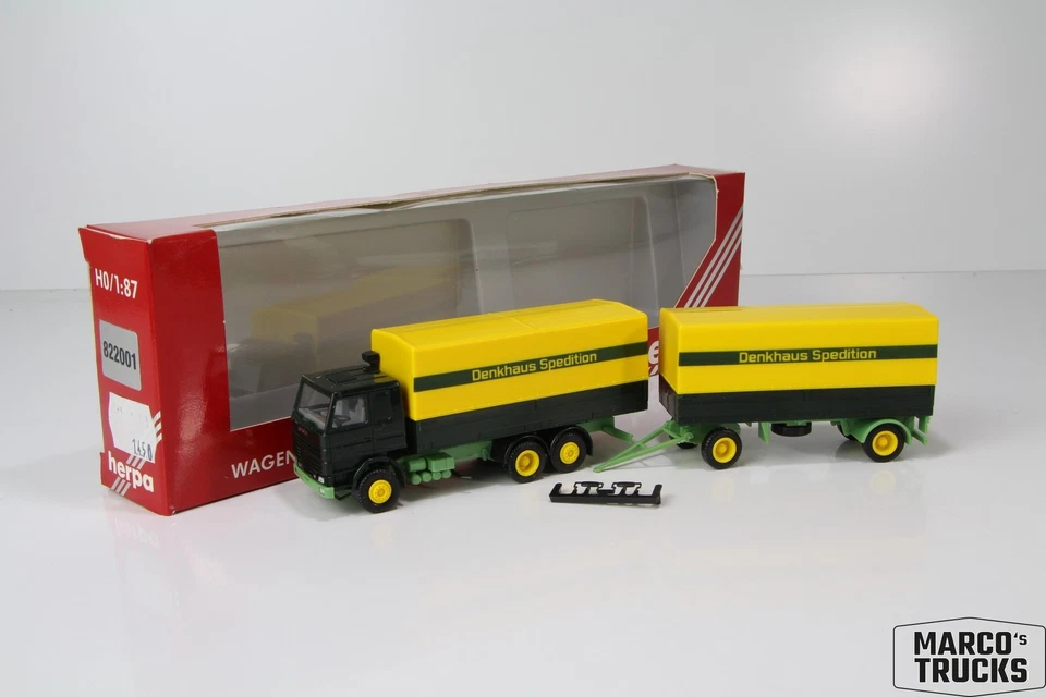 Herpa Scania 142 V8 Trailer truck green/yellow "Denkhaus Spedition" No. 822001 / - Image 1 of 1