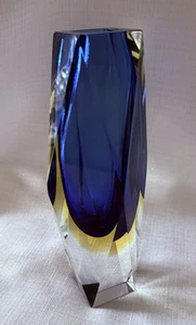 Vintage Murano Alessandro Mandruzzato Sommerso Blue & Yellow Cased Glass Vase - Picture 1 of 8