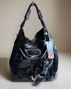 NWT RARE Ed Hardy Black Azure Hobo Bag w/ Rhinestone Loves Kills Slowly Design - Picture 1 of 15