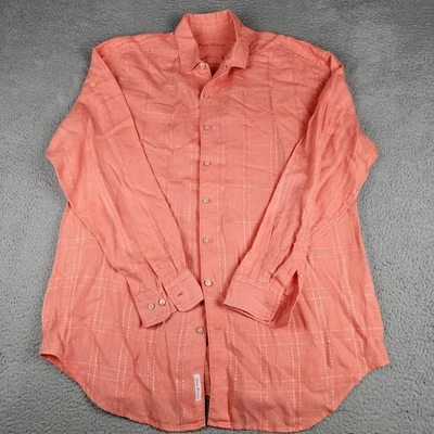 Tommy Bahama 衬衫男式 XLT 粉红色格子亚麻长袖纽扣夏威夷 — 第 1/4 张图片