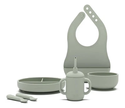 Lalo Non-Toxic Silicone Baby Feeding Set 6Pc - Suction Plate, Bowl, Spoons, Bib - Image 1 of 4