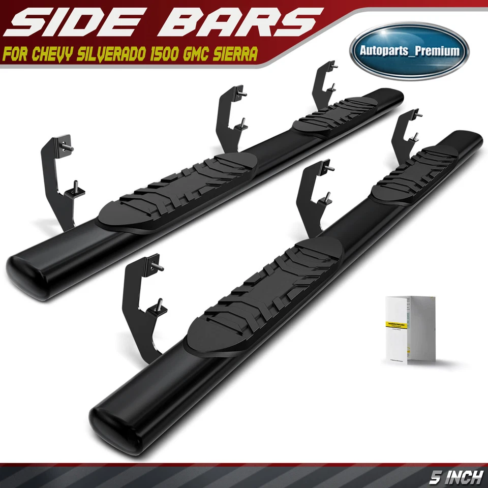Barras laterales rectas ovaladas de acero negro de 5" para Chevy Silverado 1500 GMC Sierra Foto 1 de 4