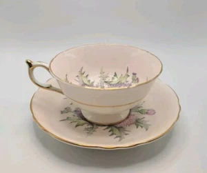 Paragon Fine Bone China Teacup Saucer Blush Pink Thistle Green Leaves 1960's - Picture 1 of 12