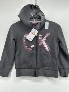 Calvin Klein Sequin logo CK Full Zip Hoodie Girls hearher charcoal flip Size S - Picture 1 of 6