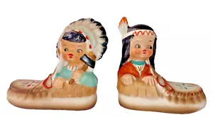 Indian Children Salt Pepper Shakers Boy and Girl in Moccasins Vintage Japan MCM - Picture 1 of 12