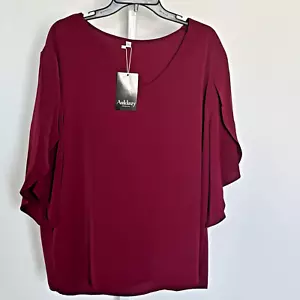 Asklazy Burgundy Women's Blouse Liquid Knit 3/4 Flare Sleeve V-Neck Size 2XL - Picture 1 of 4