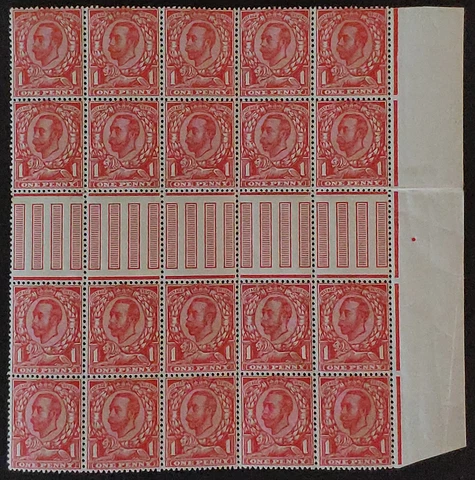 GB GV 1912. ERROR! 1d Downey Head. INTERPANNEAU block of 20. Unmounted mint Cover