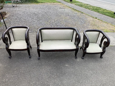 Antique Rosewood Empire 3 Piece Parlor Set Claw Feet Curved Carved Settee Chairs Cover