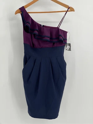 Nuevo Vestido Teeze Me Juniors Mujer Talla 3 Azul Púrpura Un Hombro Volantes Bolsillos Foto 1 de 4