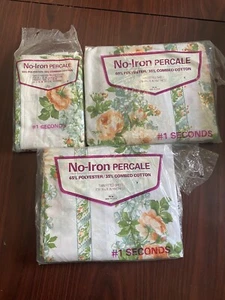 Vintage #1 Sekunden Perkal Twin Spannbettlaken 2 Kissenbezüge Blumen Streifen Orange - Bild 1 von 6