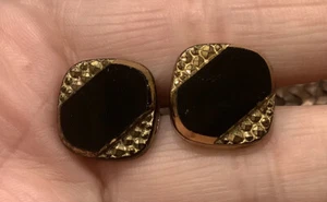 Vintage Stylish Dress Cufflinks Black Stone & Gold Gilt Tone with Pat No - Picture 1 of 7