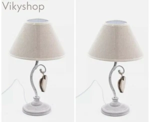 LAMPADA 2PZ ABATJOUR COMODINO Shabby GRIGIO cuore legno PARALUME ECRU CAMERA h33 - Imagen 1 de 2