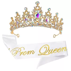 2Pcs Prom Queen Sash and Tiara Set Tiara Crystal Rhinestones Bridal Crowns fo... - Picture 1 of 6