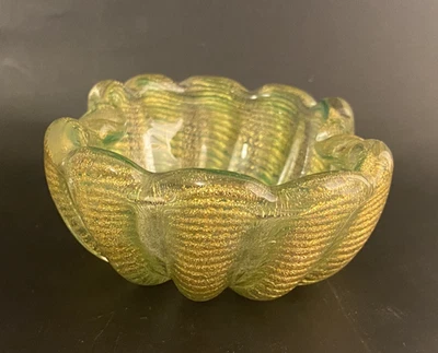 Vintage MCM Murano Barovier & Toso gold cordonato d'Oro green glass bowl ashtray - Image 1 of 4