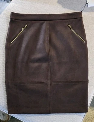 Ivanka Trump BROWN Faux suede Knee Pencil Skirt Pull on Stretch BCK SLIT 14 - Image 1 of 4