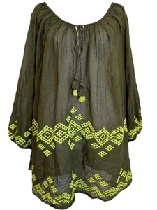 Blusa Top Campesina Boho Bordada Neón Verde Stylus Mujer Plus 3X Nueva con Etiquetas - Imagen 1 de 13