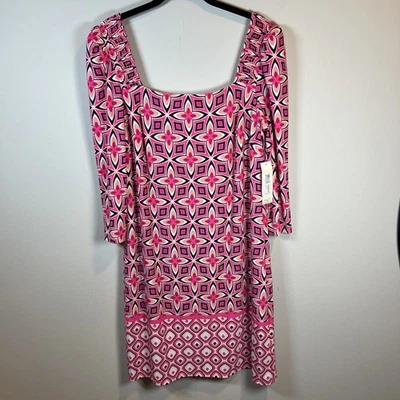 Eliza J Womens Geometric Print Mini Shift Dress Pink Retro Lined Zip NEW Size 14 - Image 1 of 4