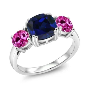 925 Sterling Silver Created Sapphire and Pink Created Sapphire 3 Stone - Picture 1 of 5