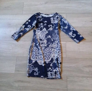 Boohoo Navy Blue Art Deco Lace Print Bodycon Dress Stretch Wiggle Smart Work UK8 - Picture 1 of 21