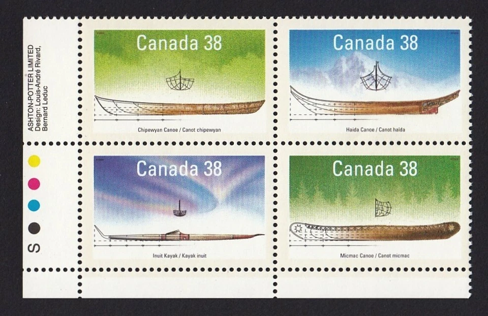ABORIGINAL NATIVE BOATS, CANOE, KAYAK = Canada 1989 #1232a MNH Block of 4 Foto 1 de 1