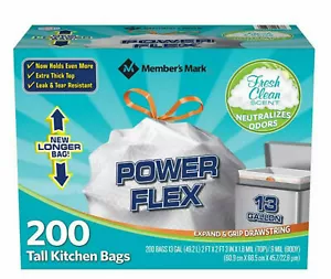 MEMBER's MARK Power Flex Tall Kitchen Drawstring Trash Bags 13 Gallon, 200 Bags - Picture 1 of 1