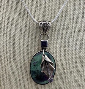 Ruby in Zoisite & Amethyst with Floral Leaf Sterling Silver Necklace 18" - Picture 1 of 6