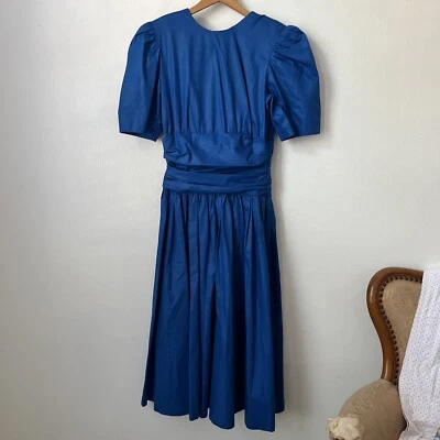 Vestido midi años 80 hecho a mano azul real manga abullonada Molly Ringwald vibra se ajusta a S/M Foto 1 de 4