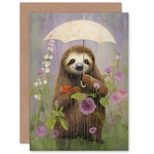 Süß Ein Regenschirm Wildblumenwiese Kinder Faultier Geburtstagskarte - Bild 1 von 4