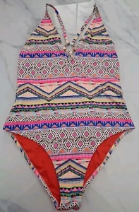 Topshop Geometric Print Swimming Costume UK12 EU40 Tribal Neon Womens Swimsuit - Picture 1 of 15