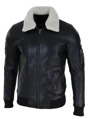 Men's Black Real Leather Pilot Jacket Bomber Air Force Aviator White Fur  - Image 1 of 4