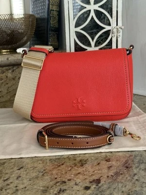 New Tory Burch Thea Web Flap Crossbody In Poppy Red Color  - Image 1 of 4