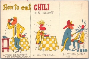 Vintage 1960s MEXICO Comic Postcard "HOW TO EAT CHILI in 3 Lessons" Unused - Picture 1 of 2