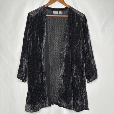 Chico's Travelers Womens 3 (16) Silver Black Velvet Open Sheer Jacket 3/4 Sleeve - Image 1 of 4