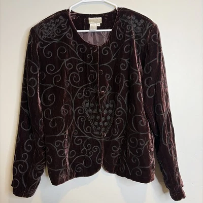 Blazer Coldwater Creek Talla XL Mujer Marrón Terciopelo Bordado Chaqueta Cottagecore Foto 1 de 4