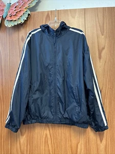 Basic Editions Navy Blue White Stripe Zip Front Men’s Jacket Windbreaker L Large - Picture 1 of 7
