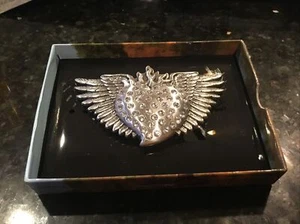 NOCONA Silver tone Western Heart with wings ~ rhinestone Belt Buckle - Picture 1 of 6