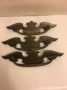 lot of 3 XL Chippendale matching drawer handles Antique salvage 7" wide