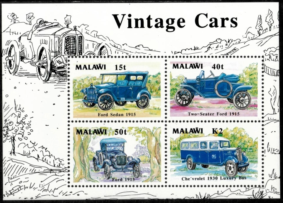 Malawi 1990 - Coches antiguos - Hoja de estampillas de recuerdo - Scott #565A - MNH Foto 1 de 1