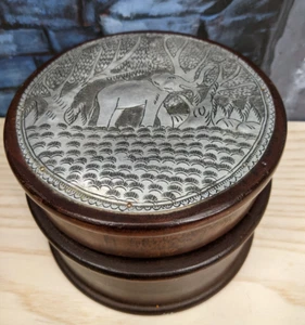 Wood Trinket Box Elephant Round Hand Tooled Embossed Metal on Lid Thailand VTG - Picture 1 of 16