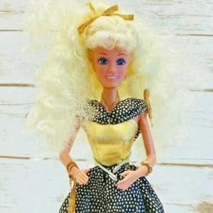 M&C Doll Curly Blond Hair Green Eyes Gold Black Dress 12" Tall Used Free Ship - Bild 1 von 10