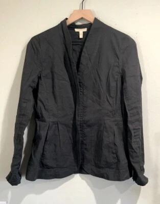 Eileen Fisher Sz S Rye High Peplum Jacket Blazer Organic Linen Black Tappered - Image 1 of 4